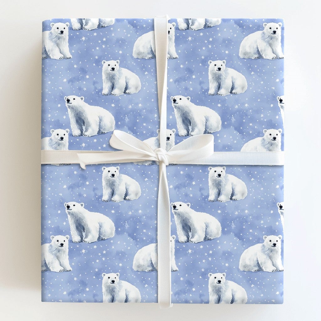 Snowy Night Polar Bear Gift Wrap, Polar Bear Christmas Wrapping Paper, Winter Wildlife Wrapping Paper, Holiday Present Wrappi