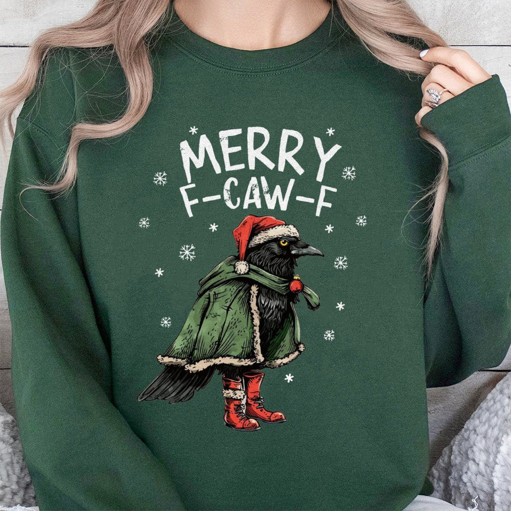 Humorous Raven Holiday Sweater, Merry F-Caw-F Christmas Sweatshirt, Goth Bird Lover Crewneck, Sarcastic Crow Pullover, Dark H
