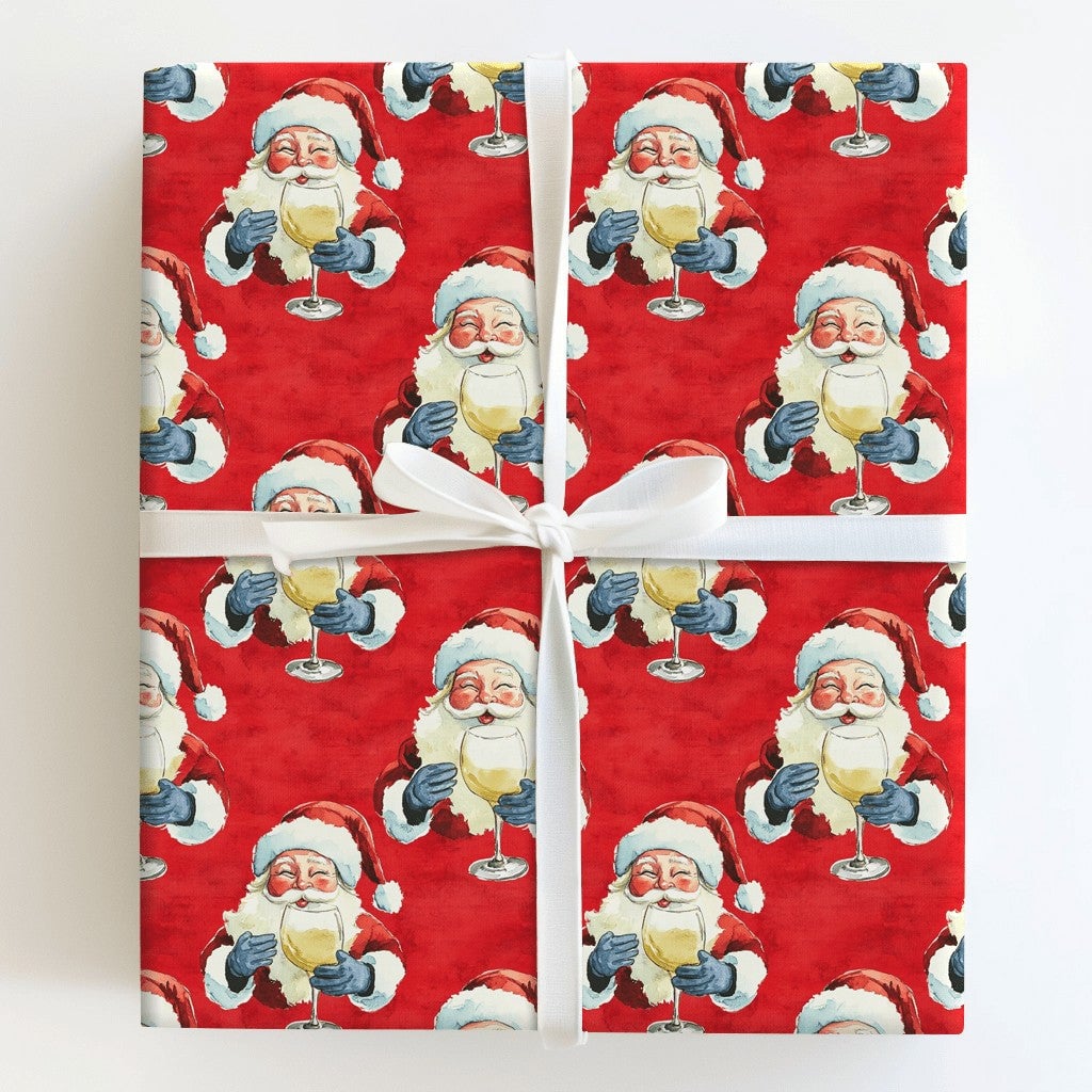 Humorous Red Christmas Gift Wrap, Santa Drinking White Wine Wrapping Paper, Jolly Santa Wine Lover Wrapping Paper, Holiday Pa