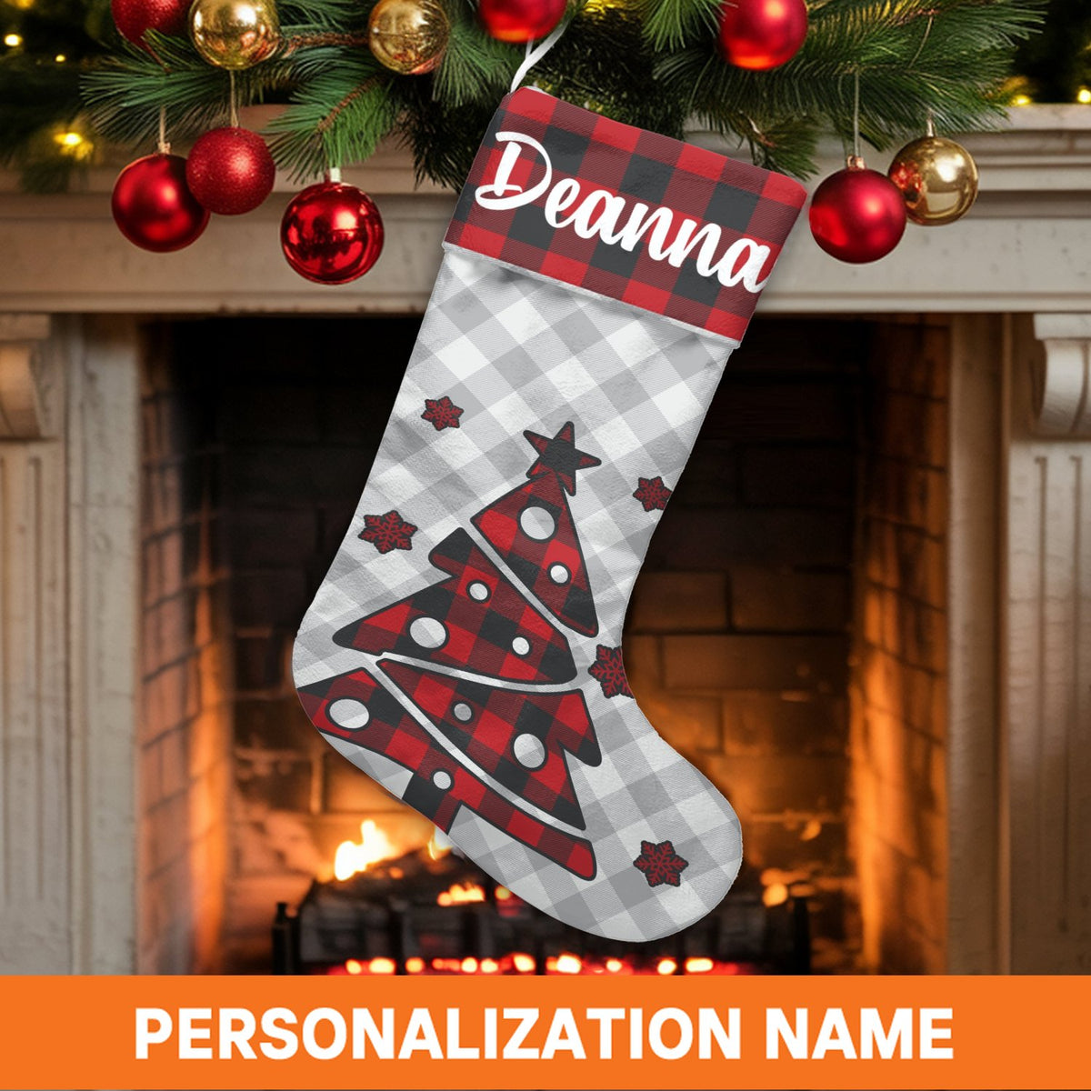 Custom Name Christmas Stocking, Personalized Buffalo Plaid Tree Christmas Stocking, Rustic Pine Holiday Stocking, Comfy Famil