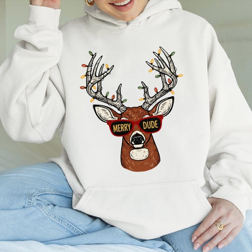 Humorous Christmas Deer Hoodie, Merry Dude Reindeer Hoodie, Xmas Lights Reindeer Graphic Hoodie, Holiday Season Pullover, Win