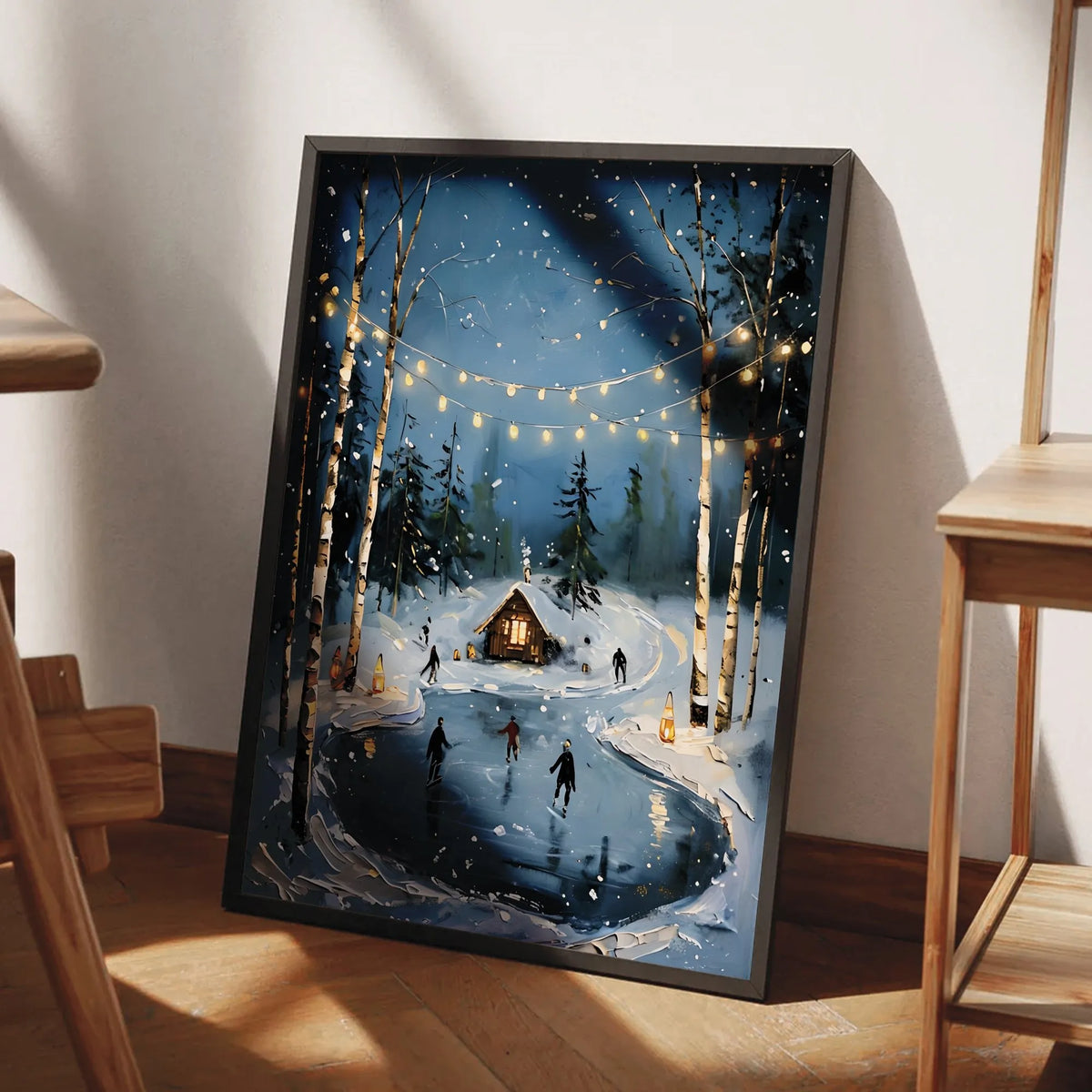 Comfy Night String Lights Wall Art, Winter Ice Skating Poster, Festive Snowy Holiday Art Print, Seasonal Christmas Decor Post