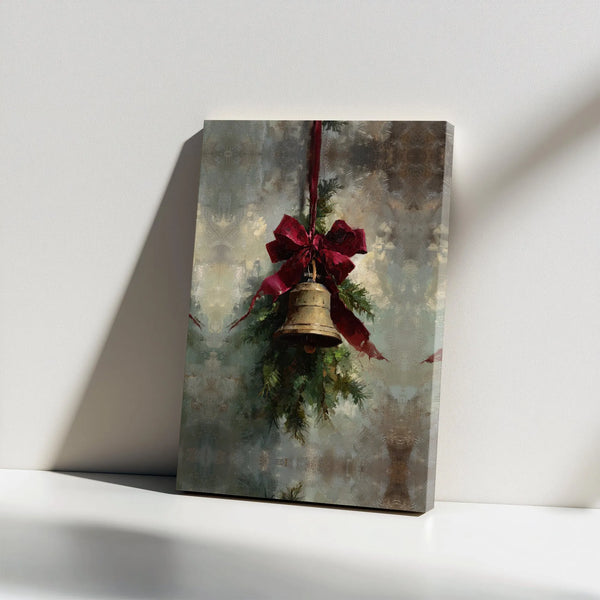 Red Bow Pine Branch Canvas Print, Vintage Christmas Bell Canvas Art, Holiday Wall Decor, Winter Painting Wall Art Canvas