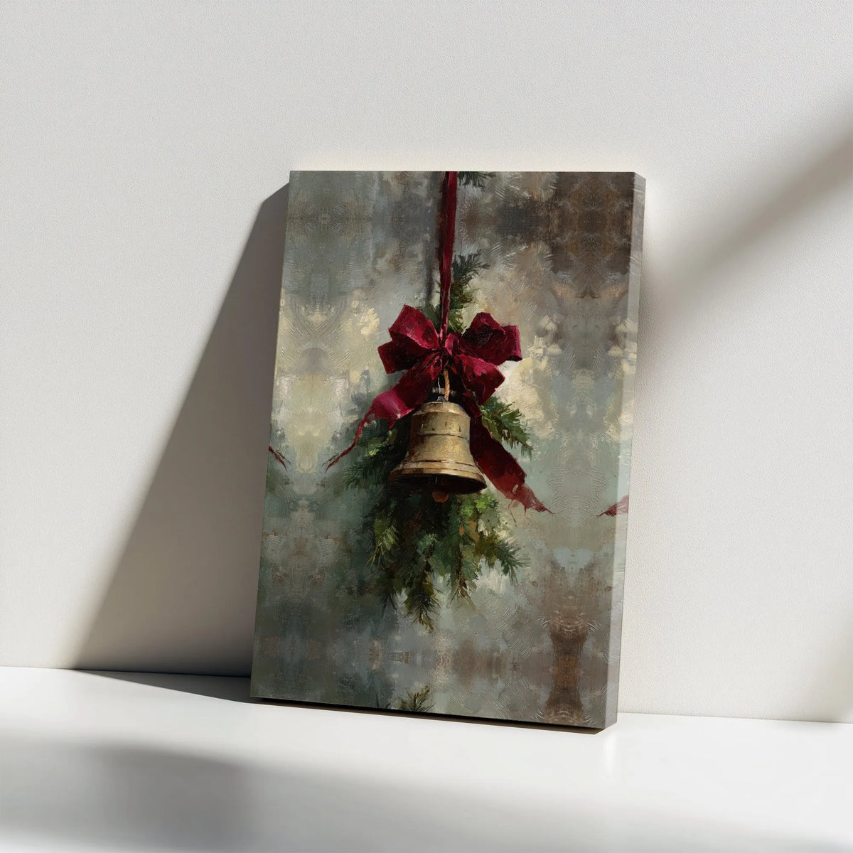 Holiday Bell Art Print, Vintage Christmas Bell Canvas Wall Art, Red Bow Pine Branch Painting, Xmas Holiday Wall Art, Digital 