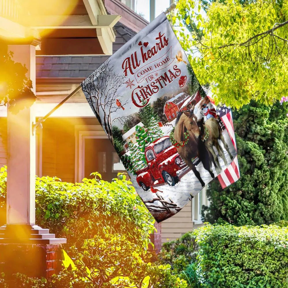 Red Truck Winter Horse Yard Flag, All Hearts Come Home for Christmas Garden Flag, Double-Sided Holiday Farmhouse Lawn Flag, X