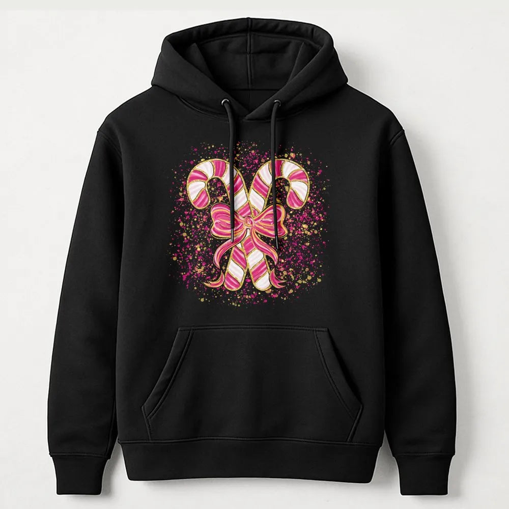 Coquette Bow Christmas Hoodie, Pink Candy Cane Hoodie, Aesthetic Candy Cane Hooded Sweatshirt, Adorable Xmas Candy Cane Pullo