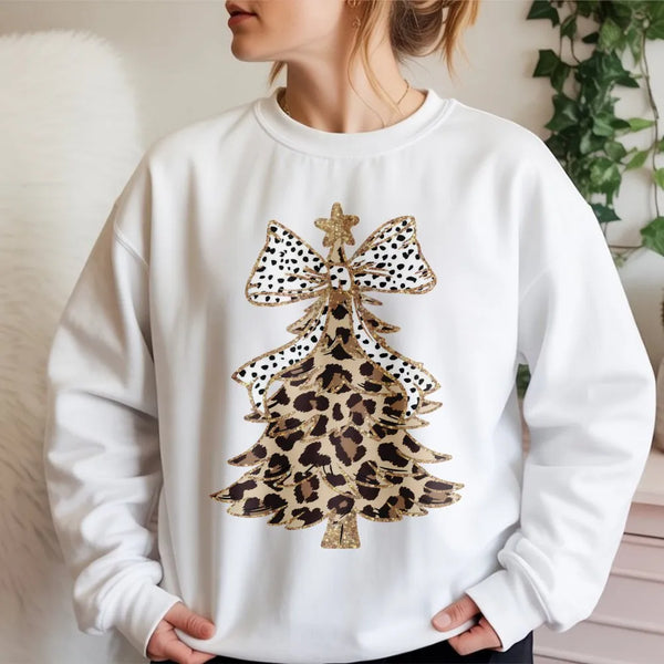 Polka Dot Bow Holiday Sweatshirt, Leopard Print Christmas Tree Sweatshirt, Adorable Xmas Tree Crewneck, Festive Winter Graphi