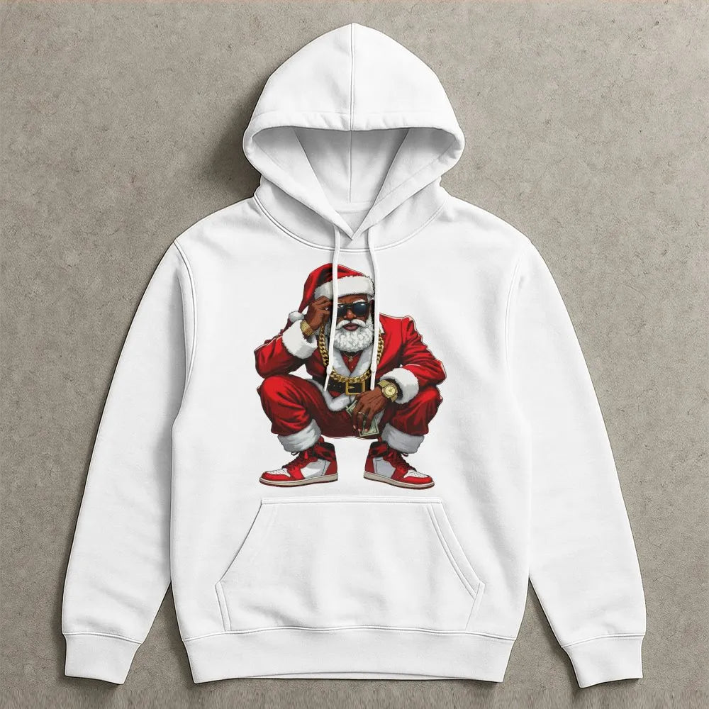 Hip Hop Streetwear Christmas Hoodie, Black Santa Hoodie, Humorous Retro Santa Hooded Sweatshirt, Urban Holiday Graphic Pullov