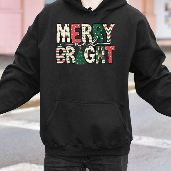 Festive Holiday Graphic Sweatshirt, Merry and Bright Christmas Hoodie, Adorable Xmas Lettering Hooded Pullover, Winter Holida