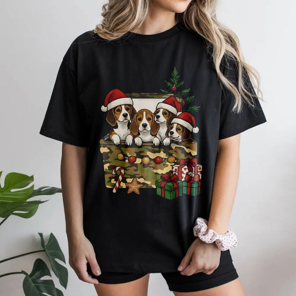Beagle Christmas T-Shirt | Cute Puppies in Camo Gift Box | Premium Soft Cotton | Funny Dog Lover Holiday Gift