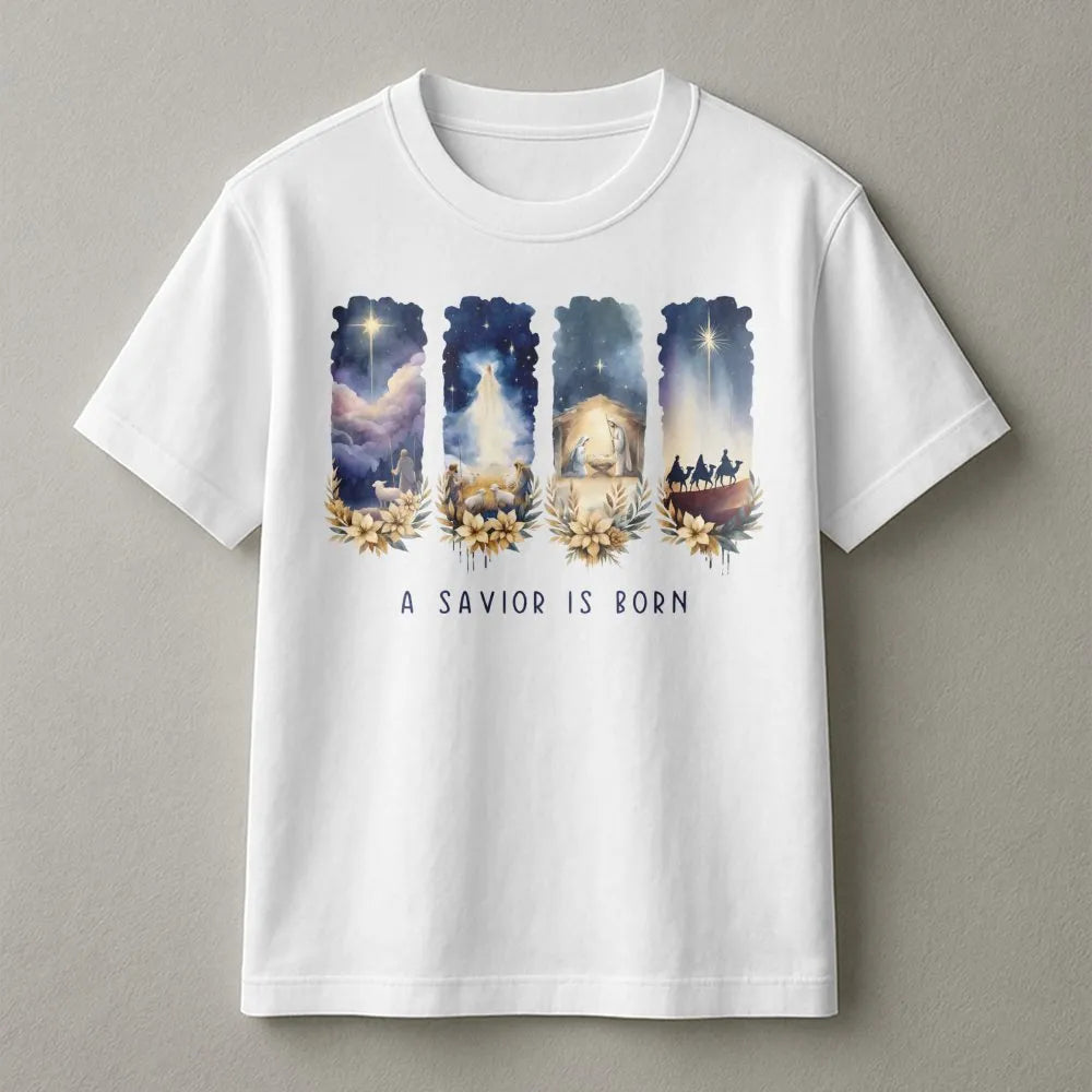 Watercolor Nativity Christmas Shirt, A Savior Is Born T-Shirt, Christian Holiday Graphic Tee, Religious Xmas T-Shirt, Faith P