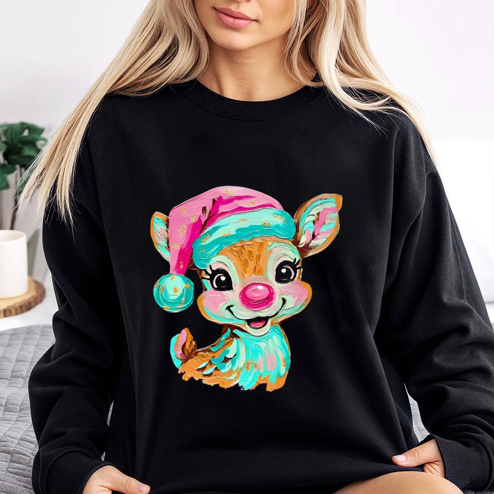 Brushstroke Holiday Crewneck, Retro Reindeer Christmas Sweatshirt, Colorful Deer Graphic Pullover, Merry Xmas Season Comfy Sw