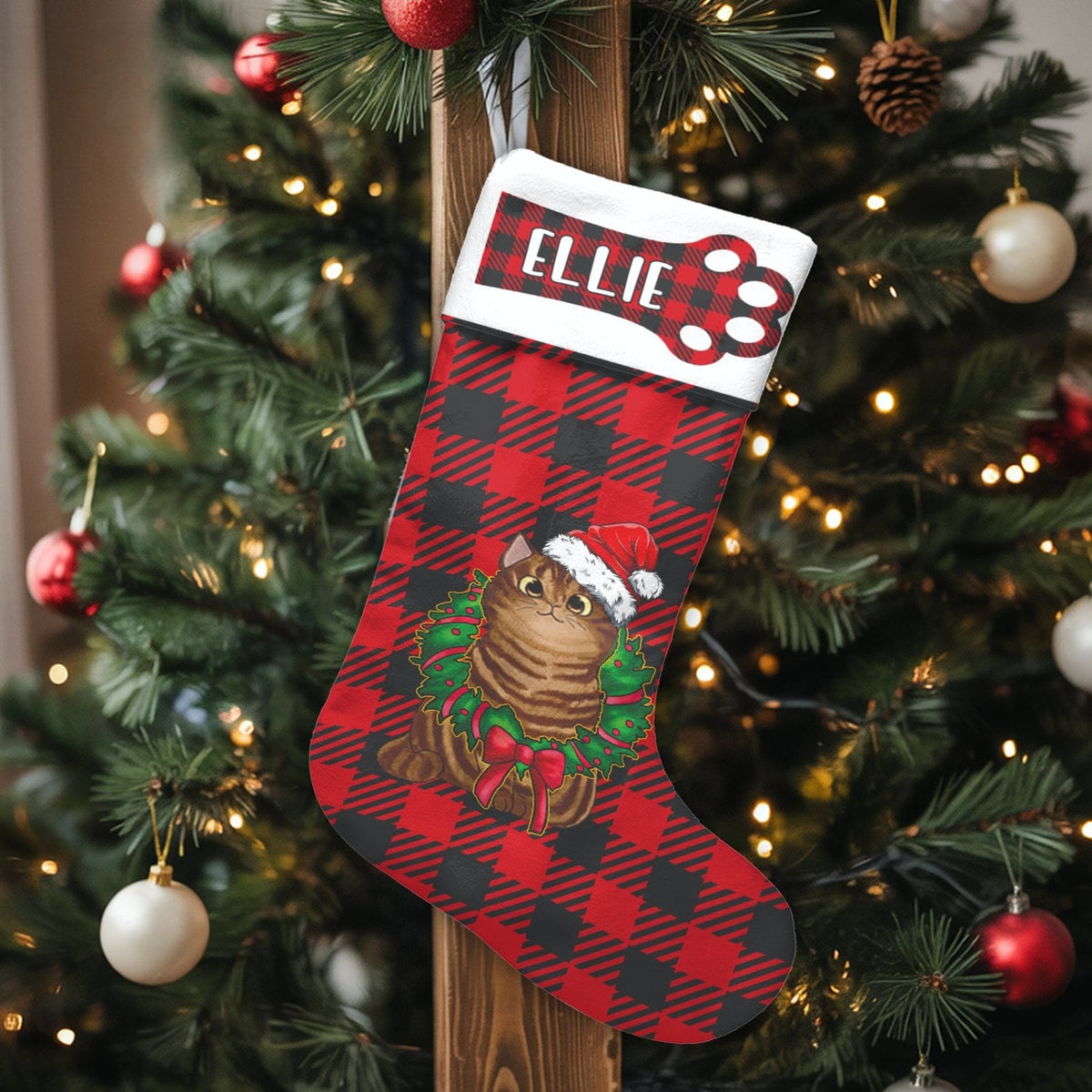 Red Buffalo Plaid Cat Stocking, Personalized Cat Christmas Stocking, Custom Pet Name Holiday Stocking, Comfy Fireplace Decor,