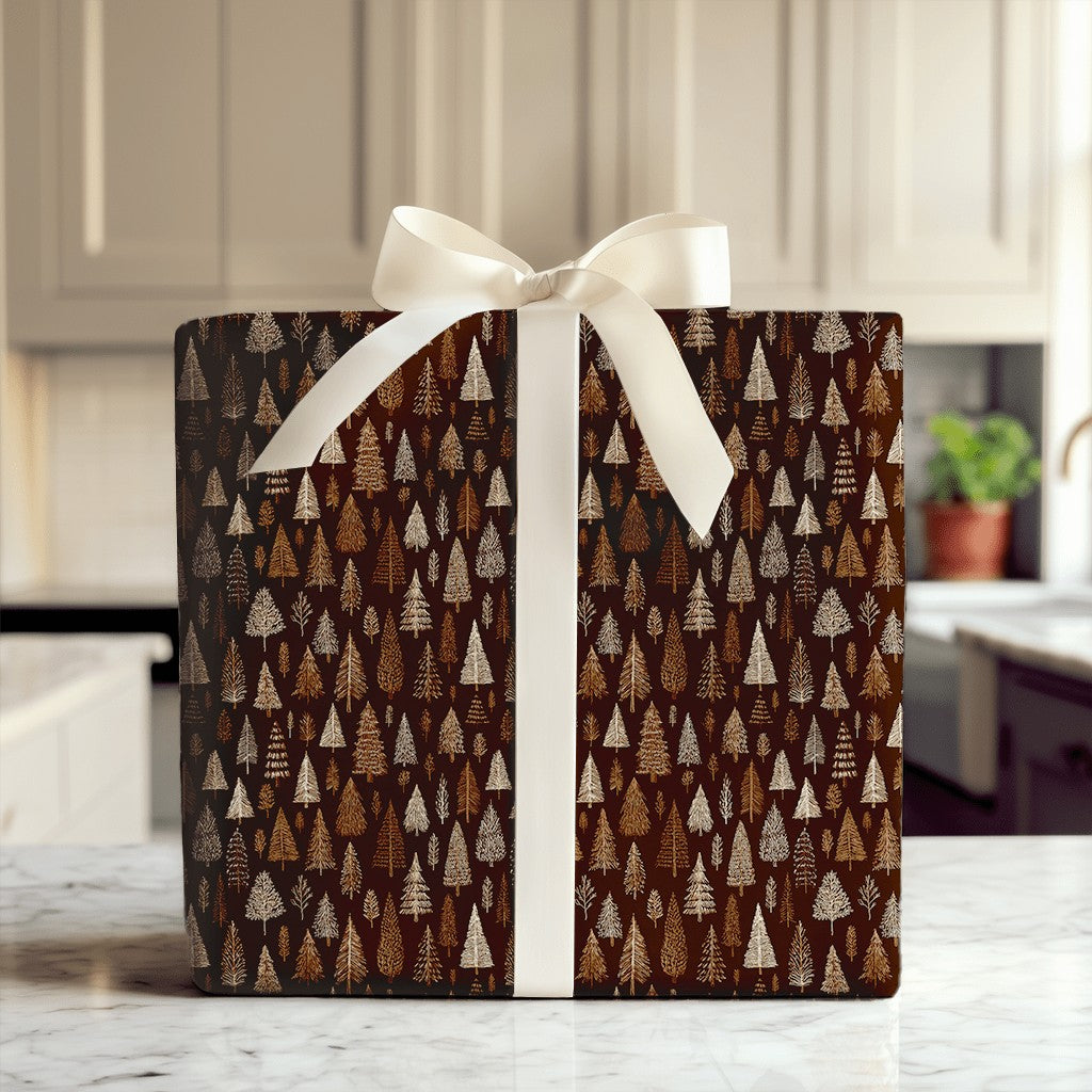 Hand-Drawn Winter Gift Wrap, Rustic Pine Tree Forest Wrapping Paper, Evergreen Tree Wrapping Paper Roll, Comfy Woodland Chris