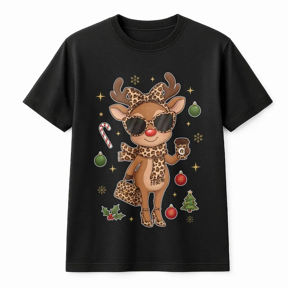 Leopard Print Christmas T-Shirt, Boujee Reindeer T-Shirt, Adorable Holiday Animal Graphic Tee, Retro Winter Reindeer Shirt, W