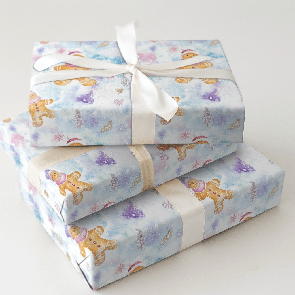 Pastel Winter Holiday Gift Wrap, Watercolor Gingerbread Man Wrapping Paper, Whimsical Christmas Wrapping Paper, Snowy Forest 