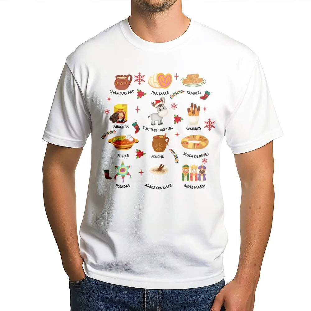 Feliz Navidad Tamales and Traditions Graphic Tee, Mexican Christmas T-Shirt, Festive Latino Holiday Shirt, Hispanic Christmas
