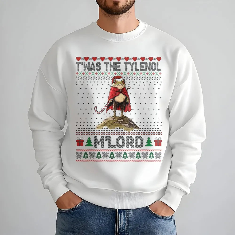 Humorous Frog Christmas Meme Crewneck, Twas the Tylenol Mlord Sweatshirt, Medieval Frog Holiday Sweatshirt, Viral Humor Xmas 