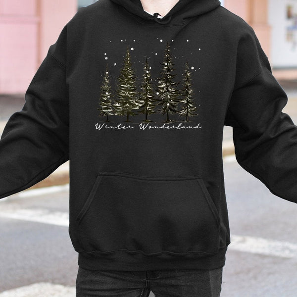 Snowy Pine Tree Graphic Hooded Sweatshirt, Winter Wonderland Hoodie, Comfy Nature Winter Forest Hoodie, Christmas Holiday Pre