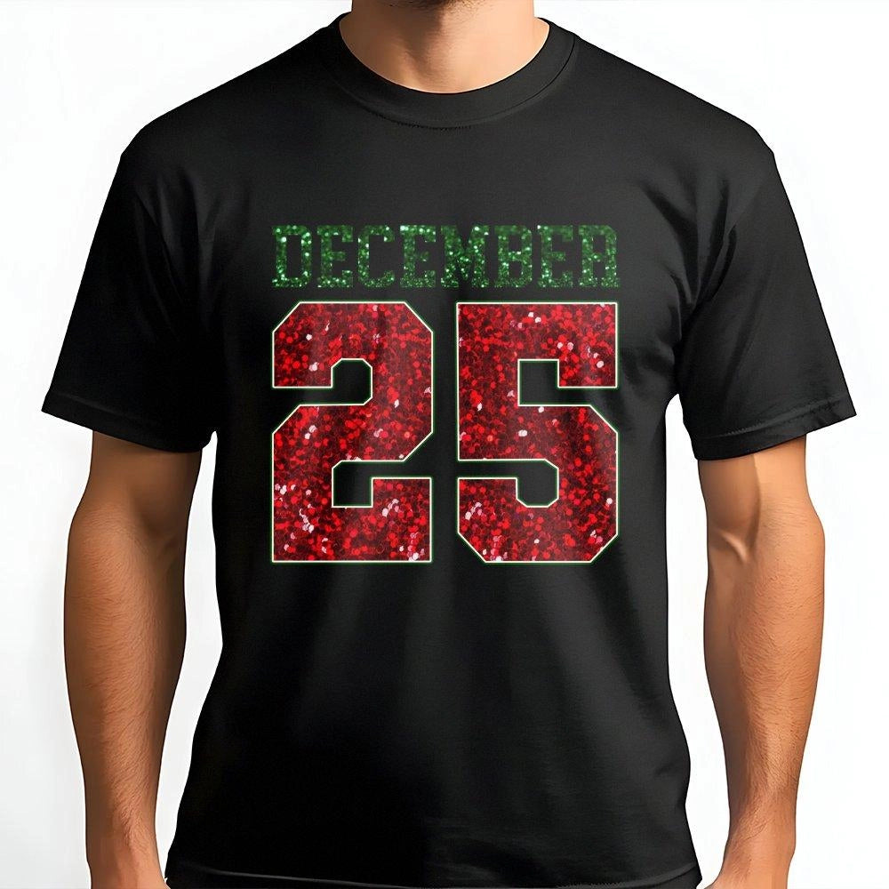 Retro Glitter Number Holiday Graphic Tee, December 25 Christmas T-Shirt, Adorable Festive Xmas Party Shirt, Womens Christmas 