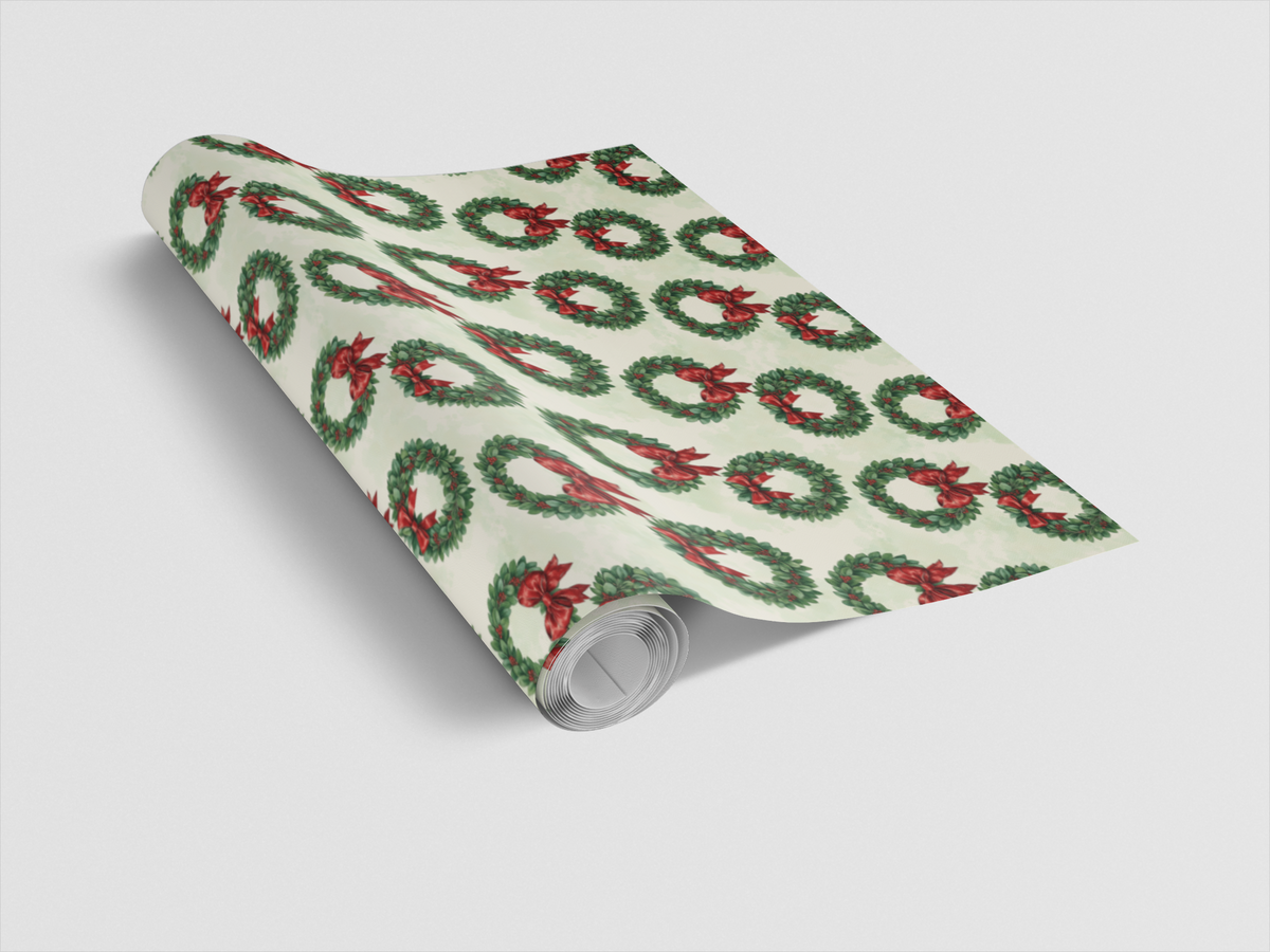 Classic Christmas Wreath Gift Wrap, Holiday Laurel Wreath Wrapping Paper, Crimson Bow Pine Gift Wrapping Paper, Festive Holid