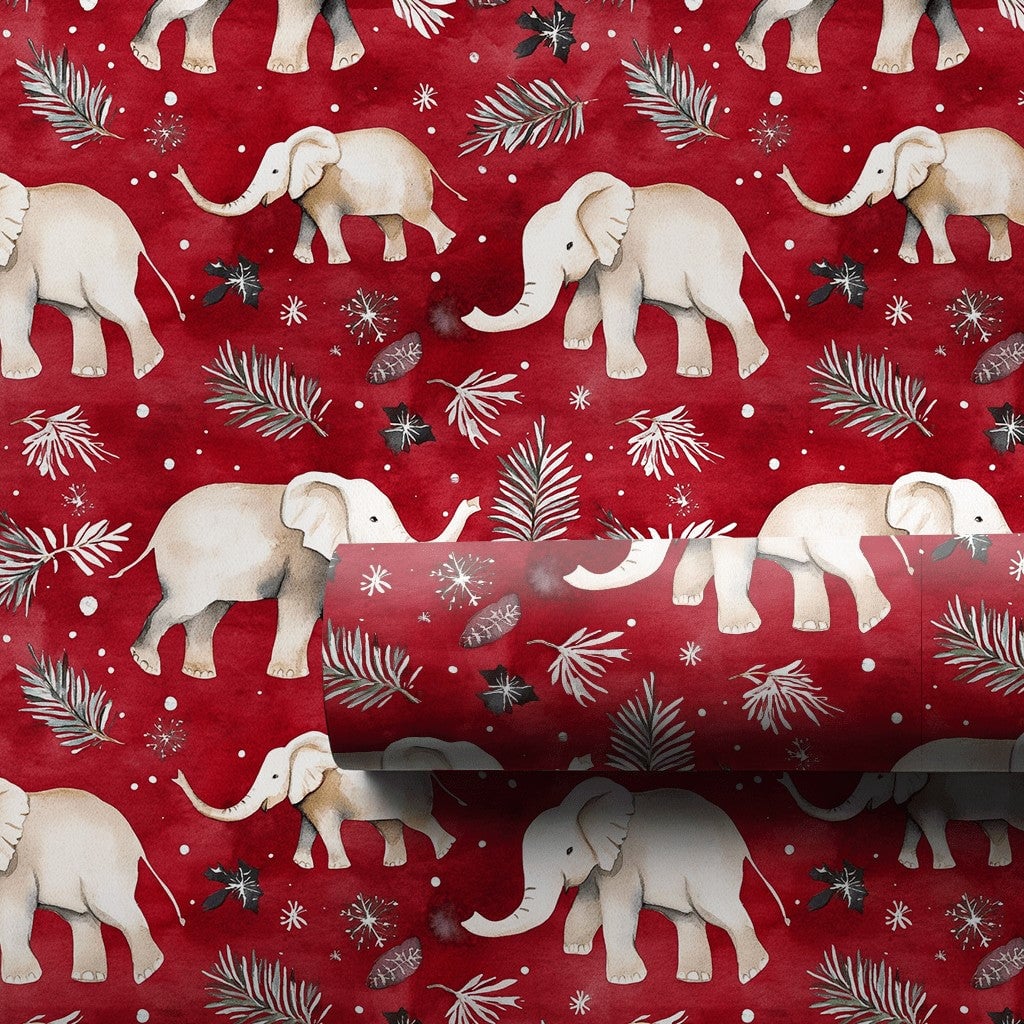 Festive Red Elephant Gift Wrap, Watercolor White Elephant Wrapping Paper, Christmas Elephant Wrapping Paper, Winter Botanical