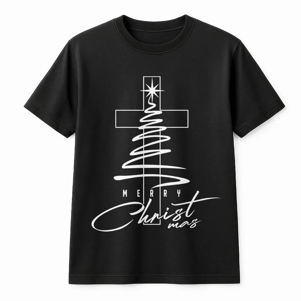Minimalist Cross Tree Shirt, Religious Christmas T-Shirt, Christian Holiday Graphic Tee, Faith Based Xmas Shirt, Jesus Christ
