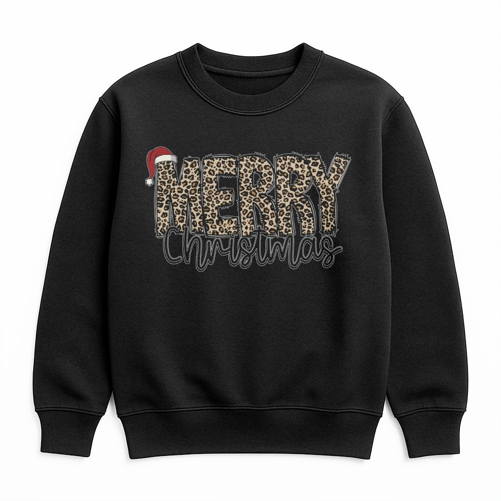 Santa Hat Holiday Sweater, Merry Christmas Leopard Print Sweatshirt, Adorable Winter Xmas Crewneck, Leopard Plaid Christmas P