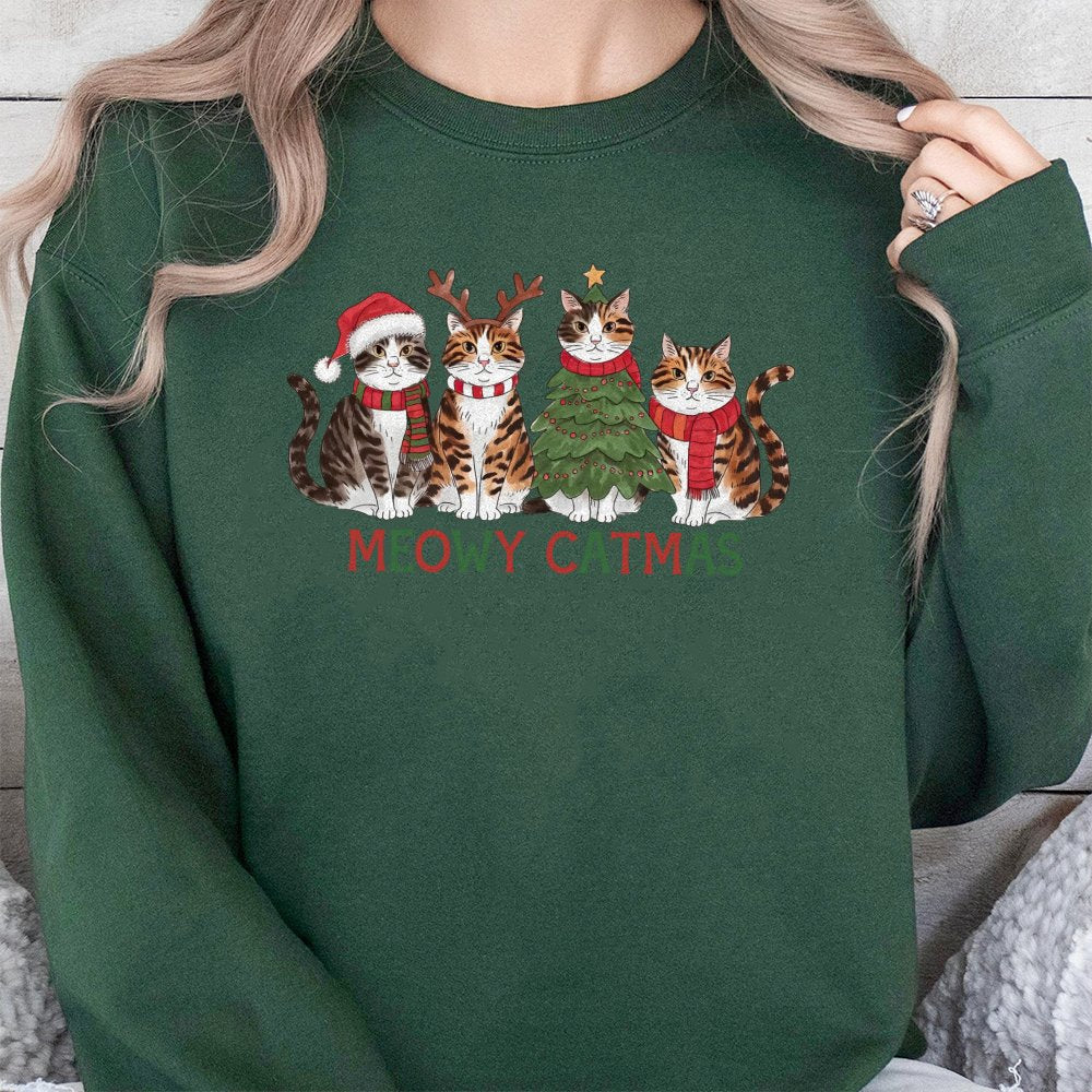Humorous Christmas Cat Graphic Crewneck, Meowy Catmas Sweatshirt, Adorable Holiday Kitten Pullover, Festive Xmas Cat Lover Ug