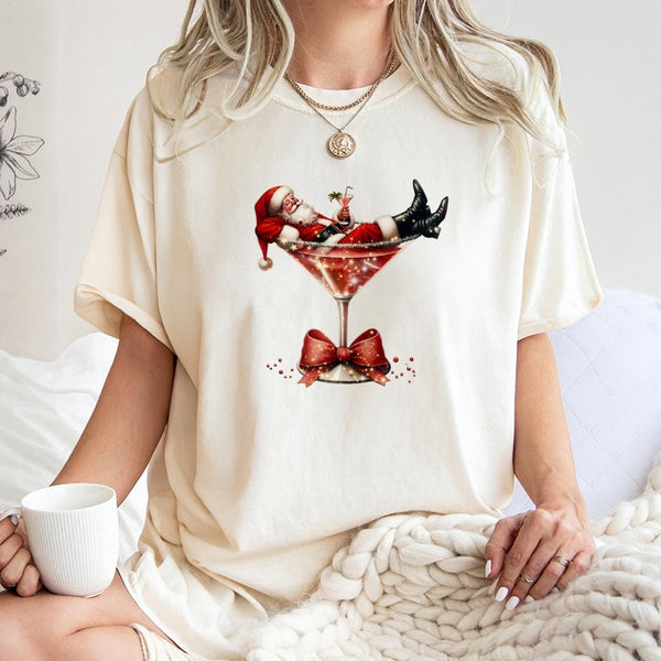 Festive Holiday Cocktail Shirt, Christmas Santa Martini T-Shirt, Adorable Santa Drink Graphic Tee, Christmas Party Drinking S