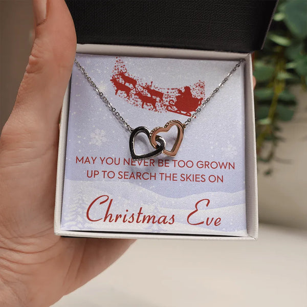 Holiday Sentiment Heart Jewelry, Christmas Eve Interlocking Hearts Necklace, Surgical Steel Pendant, Romantic Christmas Prese