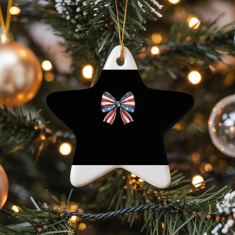 Coquette Patriotic Star Keepsake, American Flag Bow Ceramic Ornament, 4th of July Decor, Christmas Tree Hanging Ornament