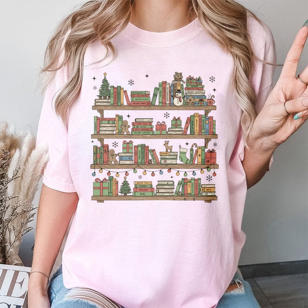 Holiday Book Lover Tee, Christmas Bookshelf T-Shirt, Festive Librarian Graphic Shirt, Reading Season Xmas Top, Bookish Reader