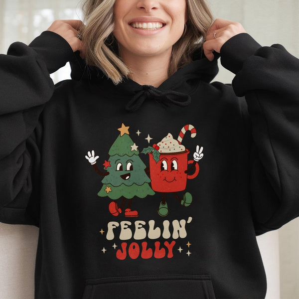 Feelin' Jolly Tree Cocoa Pullover, Retro Christmas Hoodie, Adorable Vintage Holiday Graphic Hooded Sweatshirt, Comfy Winter S