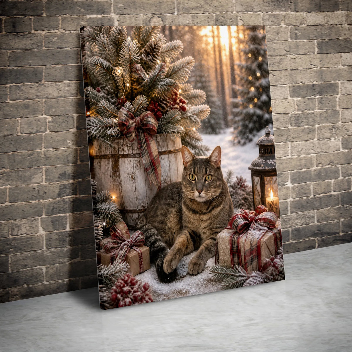 Snowy Winter Cat Wall Art, Christmas Tabby Cat Canvas, Holiday Kitten Lantern Canvas Print, Festive Cat Lover Wall Decor, Com