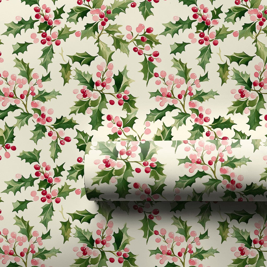 Christmas Botanical Gift Wrap, Watercolor Holly Wrapping Paper, Vintage Holiday Berry Wrapping Paper, Winter Christmas Gift W