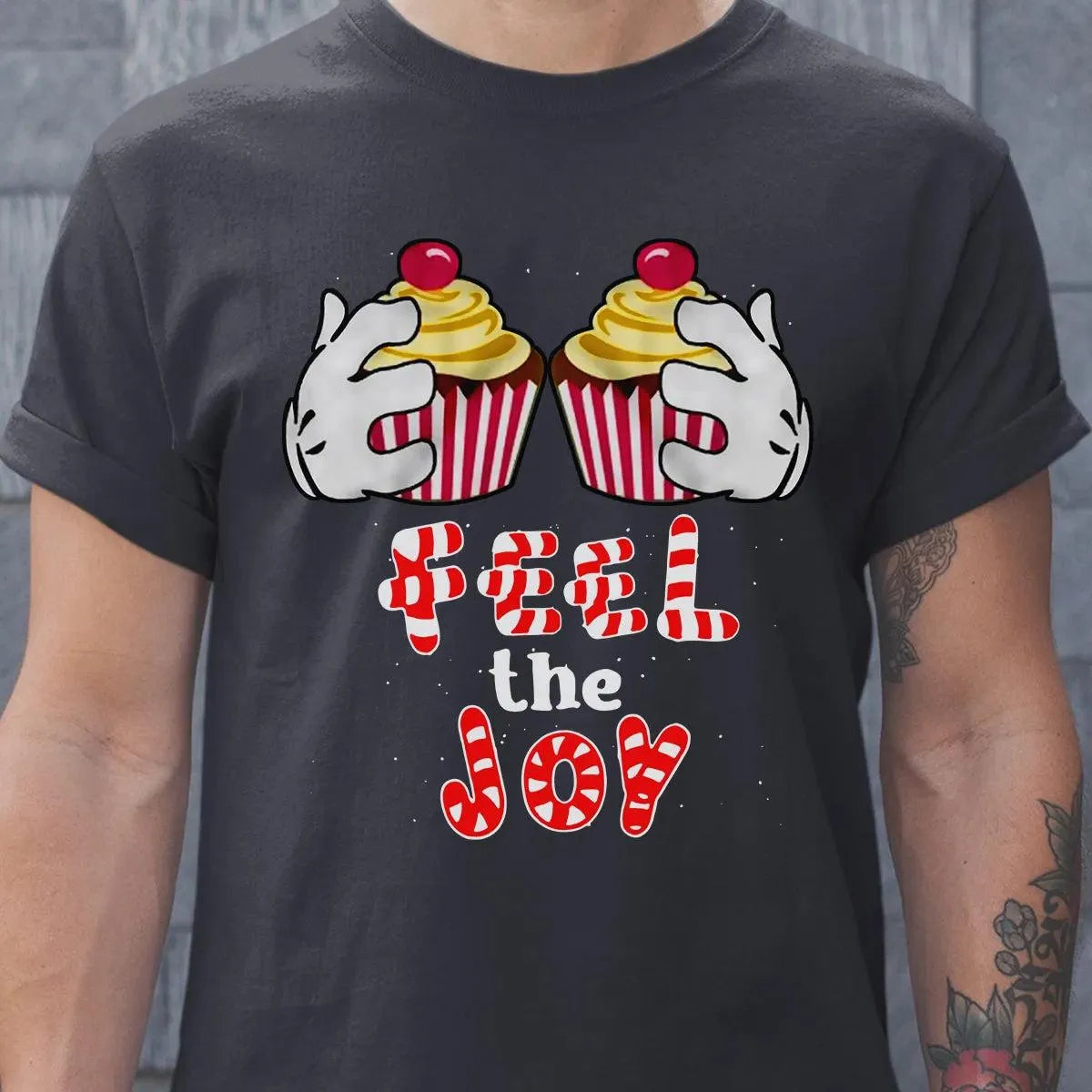 Adorable Cartoon Cupcake Graphic Tee, Feel the Joy Christmas Shirt, Holiday Sweets T-Shirt, Festive Winter Shirt, Dessert Lov