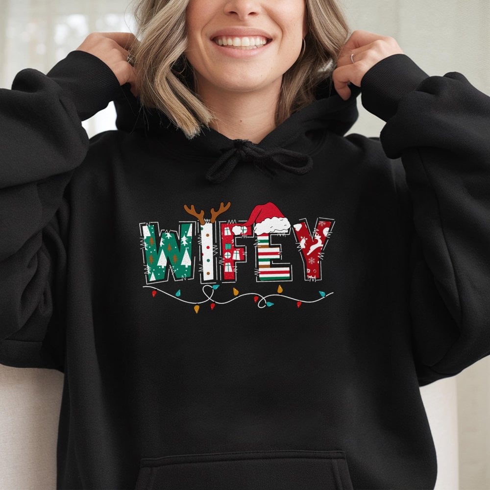 Festive Holiday Lights Sweatshirt, Wifey Christmas Hoodie, Adorable Matching Couple Christmas Hooded Pullover, Xmas Present f