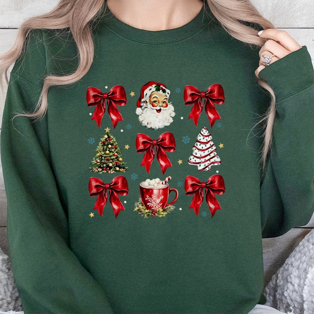 Red Bows Holiday Sweatshirt, Retro Santa Christmas Sweatshirt, Vintage Adorable Santa Graphic Crewneck, Festive Xmas Sweatshi