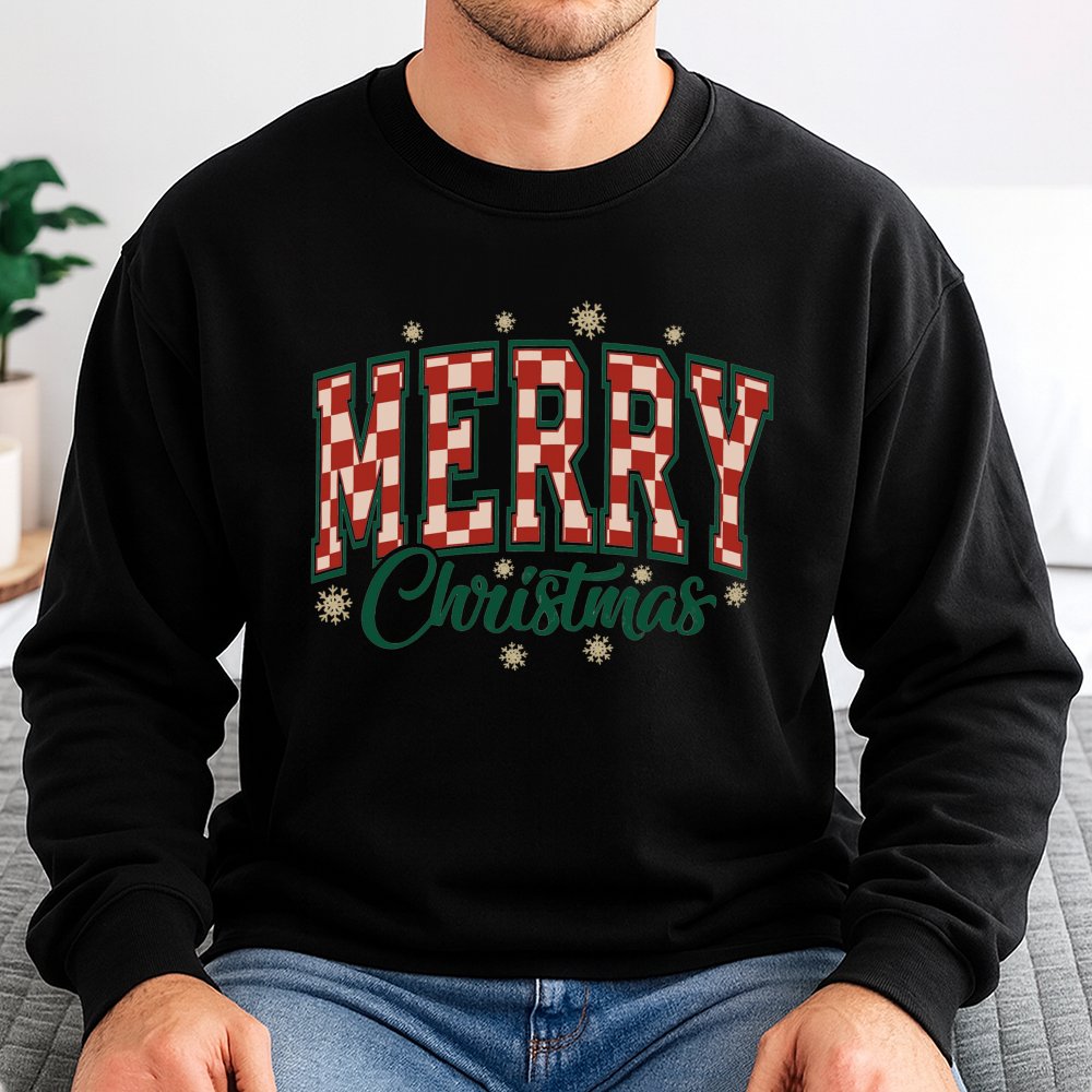 Retro Varsity Holiday Sweatshirt, Red Checkerboard Merry Christmas Sweatshirt, Adorable Xmas Graphic Sweatshirt, Holiday Crew