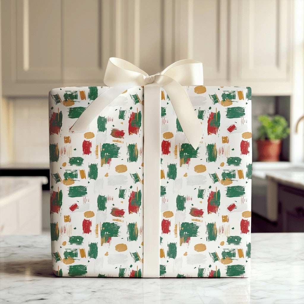 Brush Stroke Holiday Gift Wrap, Abstract Christmas Wrapping Paper, Modern Red Green Present Wrap, Festive Xmas Wrapping Paper