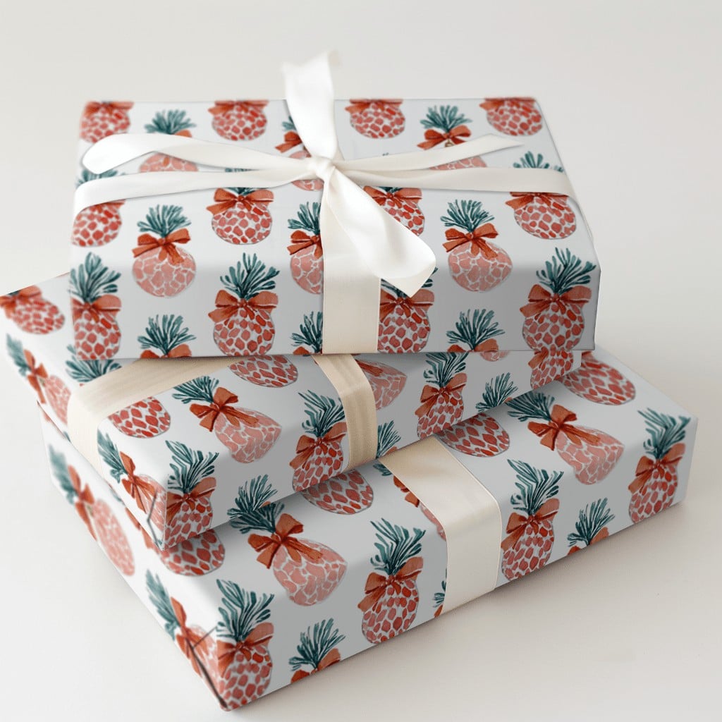 Pink Fruit Holiday Gift Wrap, Tropical Pineapple Christmas Wrapping Paper, Festive Present Wrap, Unique Winter Wrapping Paper