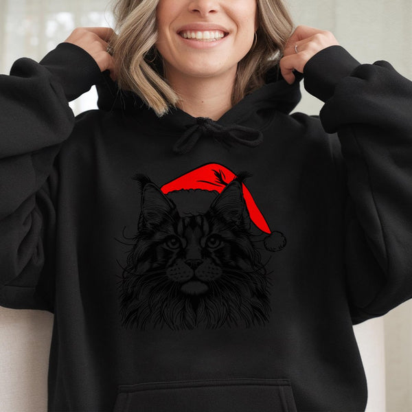 Santa Hat Graphic Kitten Sweatshirt, Maine Coon Cat Christmas Hoodie, Festive Pet Lover Pullover, Adorable Holiday Cat Mom Xm