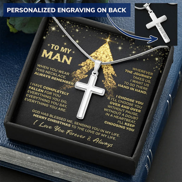 Custom Engraved Cross Pendant, Personalized Cross Necklace for Husband, Mens Stainless Steel Cross Necklace, Faith Jewelry, C