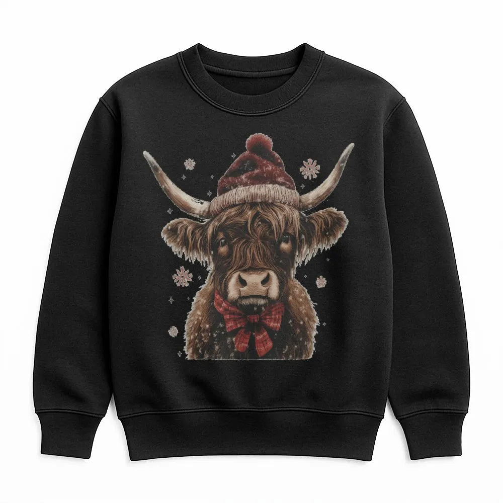 Western Farmhouse Cow Santa Hat Crewneck, Highland Cow Christmas Sweatshirt, Rustic Country Holiday Pullover, Winter Animal S
