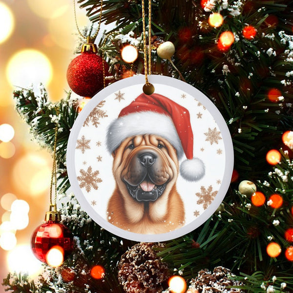 Santa Hat Shar Pei Ceramic Ornament, Shar Pei Dog Christmas Ornament, Puppy Holiday Ornament, Adorable Dog Lover Xmas Tree Ke