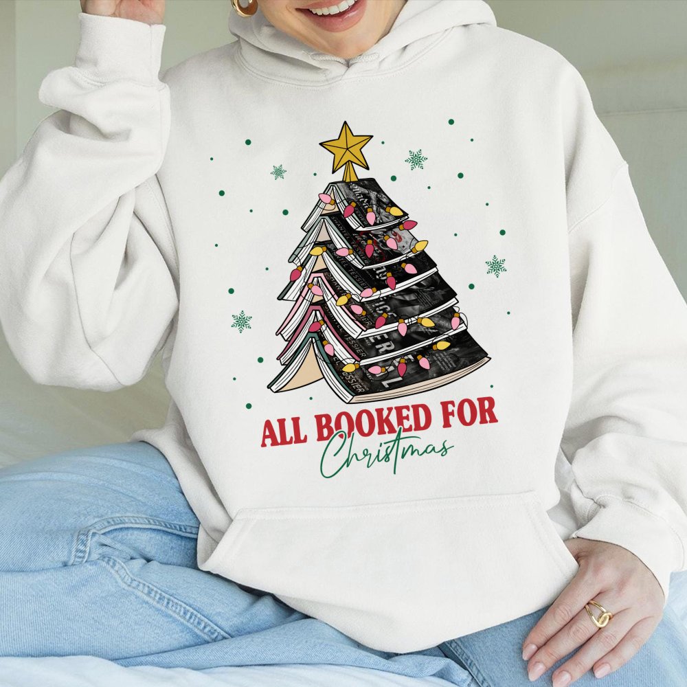 Adorable Book Lover Xmas Tree Hooded Sweatshirt, All Booked for Christmas Hoodie, Comfy Reader Holiday Pullover, Bookish Xmas