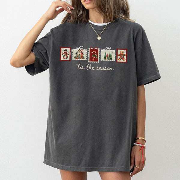 Retro Holiday Patchwork T-Shirt, Tis the Season Christmas Stamp T-Shirt, Vintage Xmas Graphic T-Shirt, Festive Winter Tee, Ch
