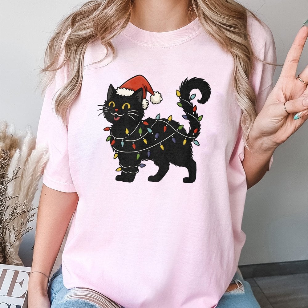 Santa Hat Cat Graphic Tee, Black Cat Christmas T-Shirt, Festive Holiday String Lights Shirt, Adorable Kitty Christmas T-Shirt