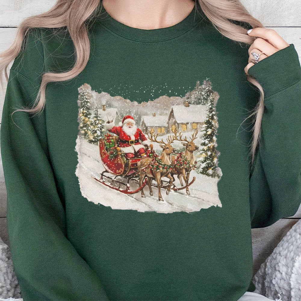 Santa Claus Reindeer Sleigh Crewneck, Vintage Christmas Village Sweatshirt, Retro Winter Holiday Scene Pullover, Comfy Xmas T